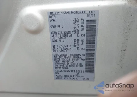 2014 Nissan Rogue Sl z USA, uszkodzony, nr VIN 5N1AT2MV4EC818555